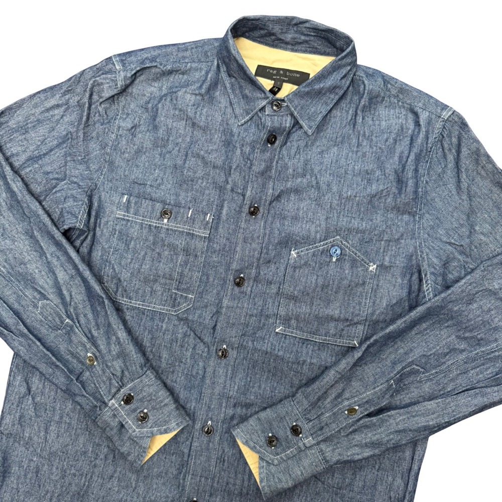 Rag & Bone Button Down Shirt Mens S Blue Chambray Made in USA Long Sleeve Cotton